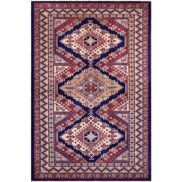 Rustic Shirwan Blue/Beige Wool Rug - 4'4''x5'11'' For Sale - Image 9 of 10