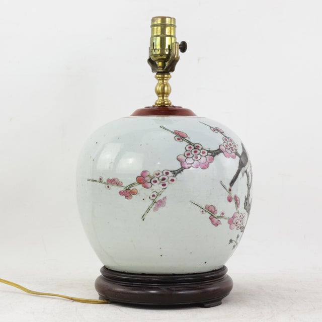 Chinese Antique Famille Rose Porcelain Vase Lamp With Birds on Flowering Plum Branches and Rockery For Sale - Image 3 of 14