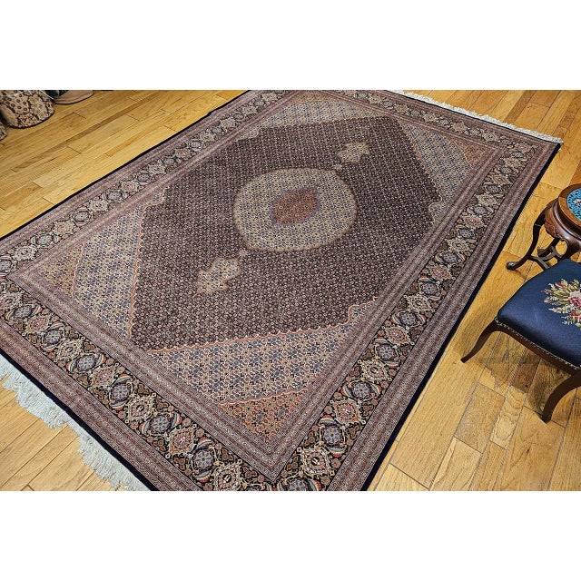 Black Antique Persian Tabriz Mahi Rug, Hand-Knotted Wool & Silk, Herati Geometric Pattern, Navy & Ivory, 9x12 For Sale - Image 8 of 18