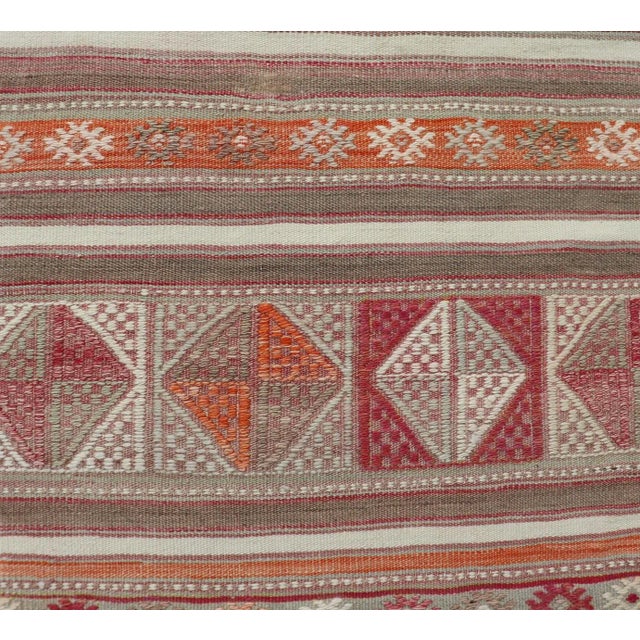 White Mid 20th Century Colorful Turkish Vintage Embroidered Kilim With Stripes and Geometric Motifs For Sale - Image 8 of 11