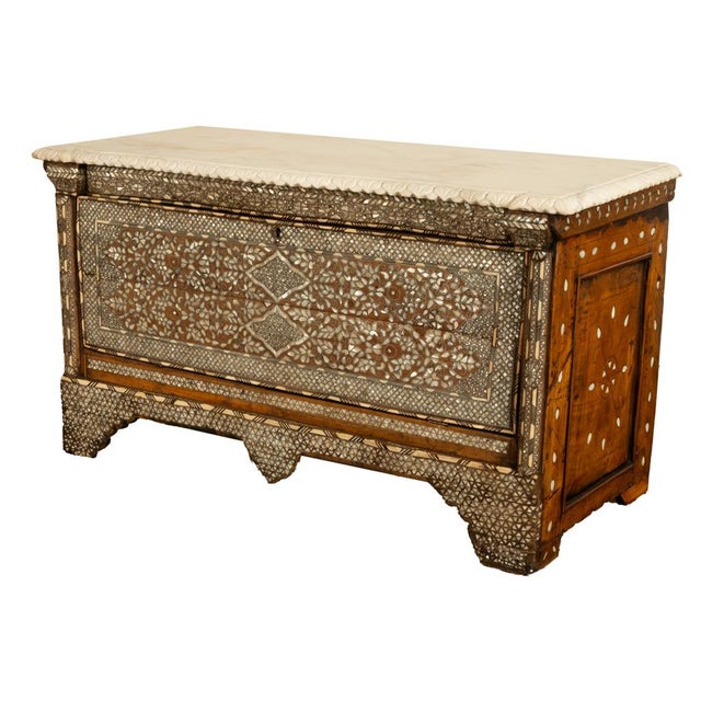Islamic Antique Arabic Walnut Inlaid Mother-of-Pearl Dowry Marriage Chest Damascus 1860 For Sale - Image 3 of 17