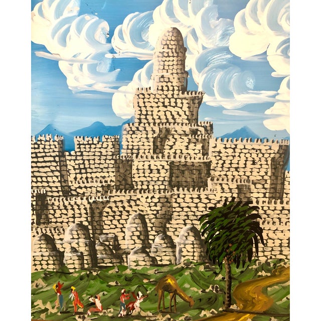 Gabriel Cohen, Large Israeli Naive Art Screen Enamel Oil Painting Jerusalem Old City Folk Art For Sale - Image 11 of 12