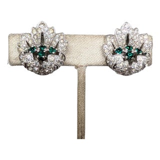 Vintage 1950s Signed Jomaz Pavé Clear Rhinestone & Faux-Sapphire Flower Clip Earrings-2 Pieces For Sale