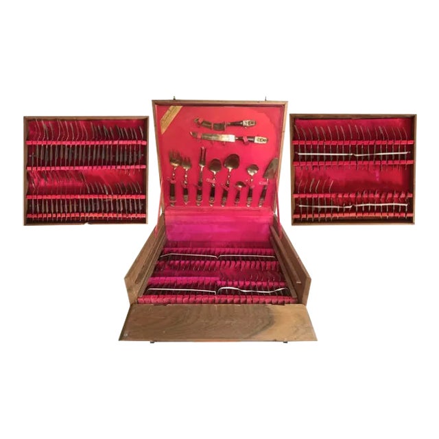 Mid-Century Modern Thai Siam Buddha Brass and Rosewood Flatware Set of 142 For Sale