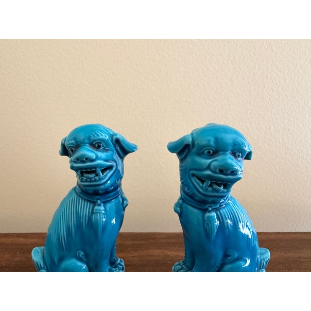Mid 20th Century Mid-Century Chinoiserie Turquoise Glazed Porcelain Foo Dogs, Pair For Sale - Image 5 of 11