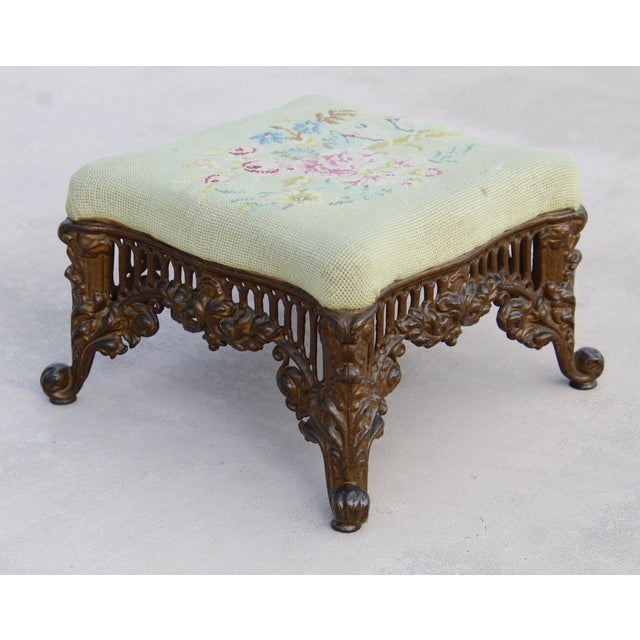 Vintage 1940s Rococo Revival Gilt Cast Iron Footstool With Floral Needlepoint Cushion For Sale In Naples, FL - Image 6 of 13