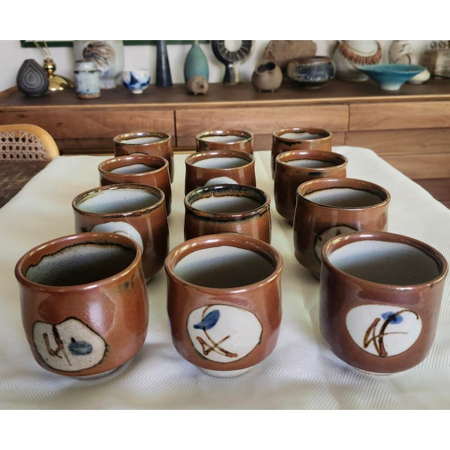 Japanese Vintage Mashiko Yaki Japanese Mid- Century Studio Pottery Yunomi Stoneware Teacup -Set of 12 For Sale - Image 3 of 10