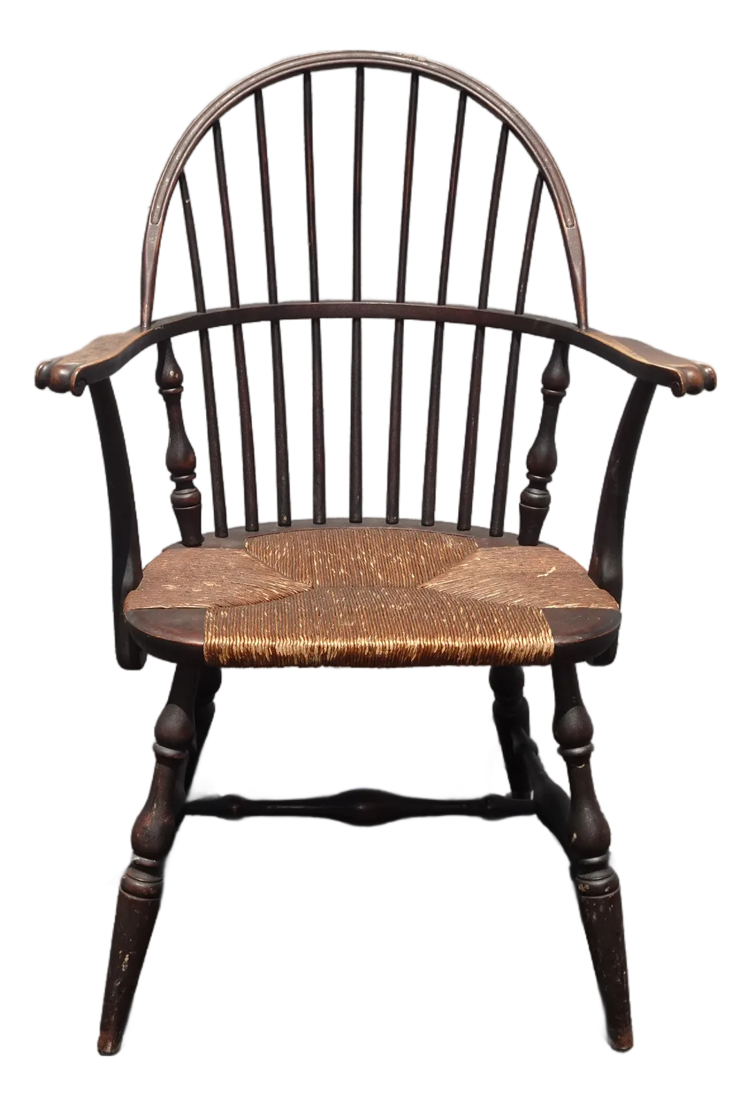 Antique Brown Windsor Spindle Arm Chair W Rush Seat ~ French