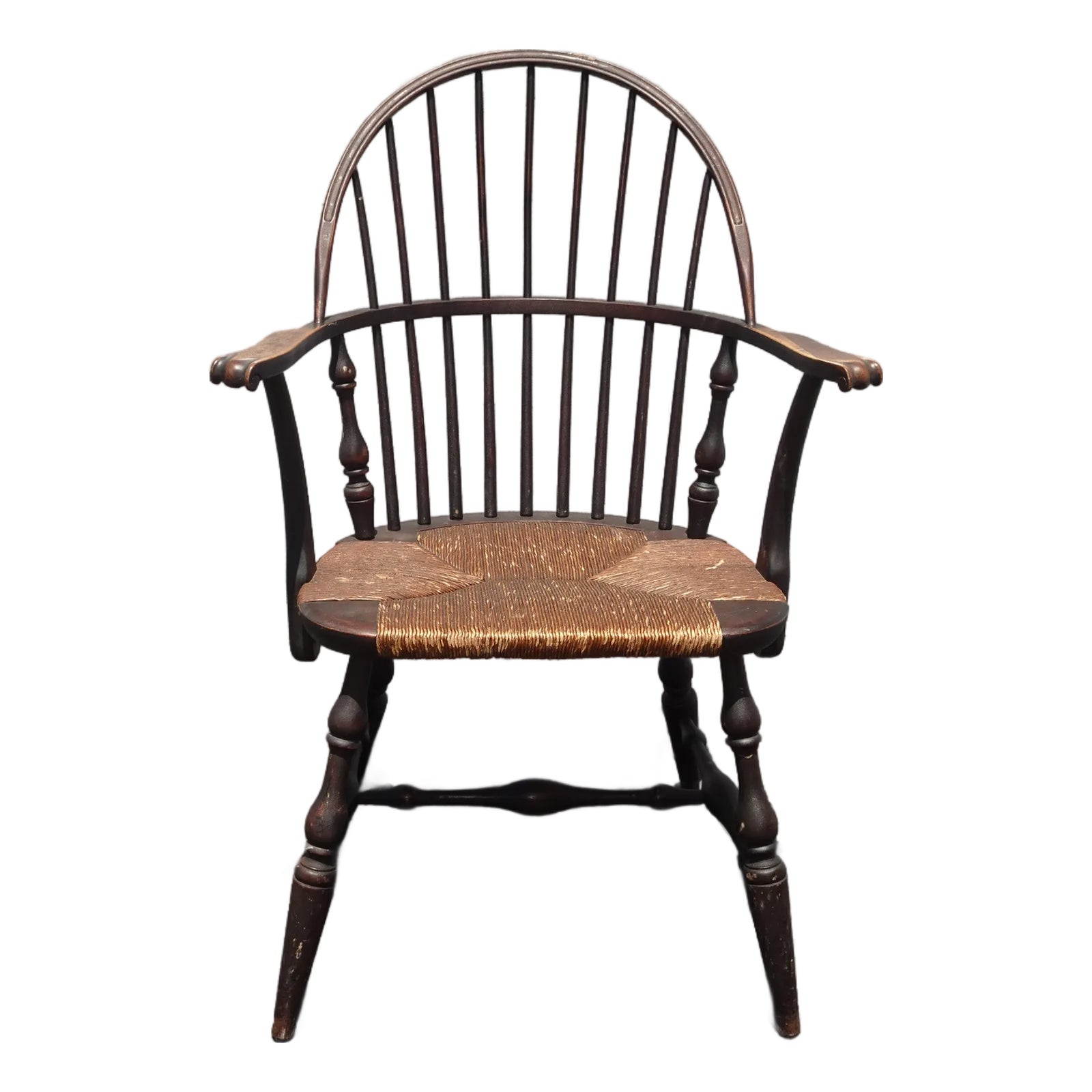Antique Brown Windsor Spindle Arm Chair W Rush Seat ~ French