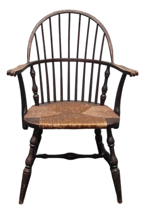 Antique Brown Windsor Spindle Arm Chair W Rush Seat ~ French Country