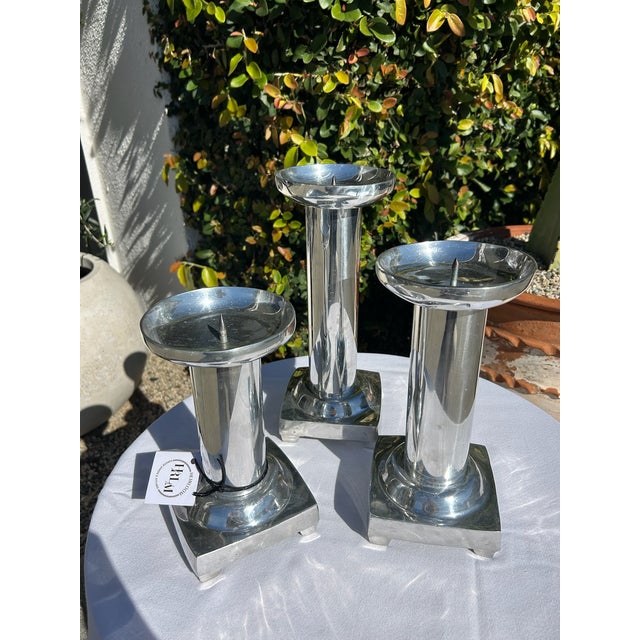 Set of Three Vintage Pewter Silver Candle Holders For Sale - Image 4 of 12