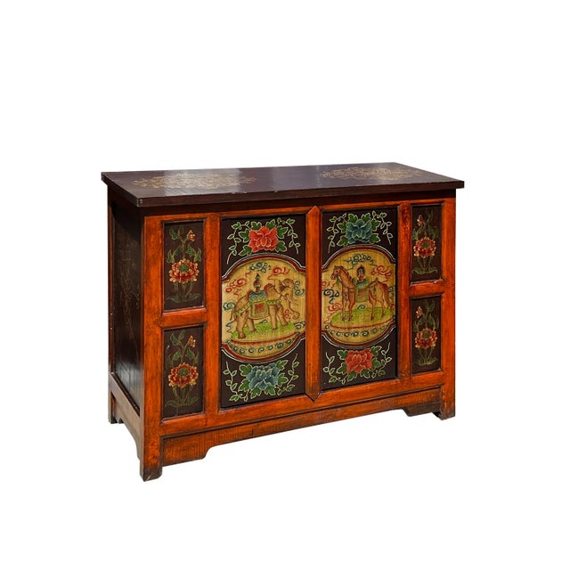Tribal Chinese Orange Tibetan Elephant Horse Sideboard Console Table Cabinet For Sale - Image 3 of 6
