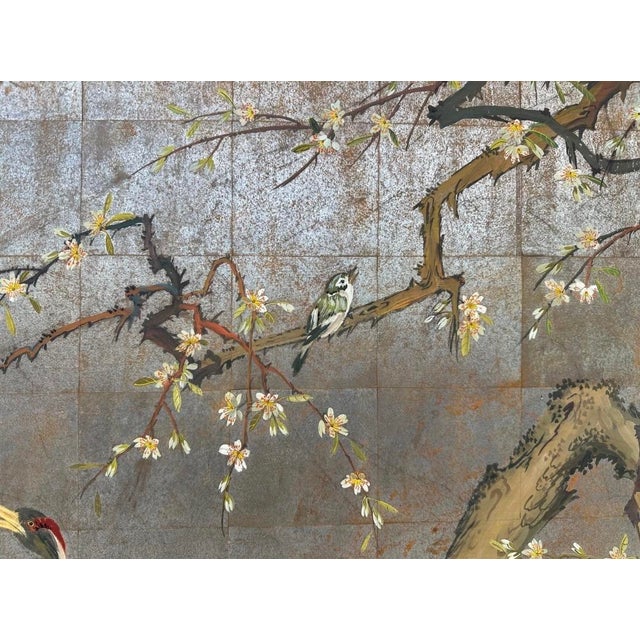 Silver 1920s Large Japanese Chinoiserie Crane Painting on Wood Panel W/ Silver, Gold, & Copper Leaf — Art Deco Framed For Sale - Image 8 of 18