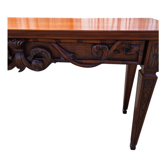 Traditional 1990s Ethan Allen Mahogany Carved French Regency Sofa Hall Table Console Woven Cane For Sale - Image 3 of 18