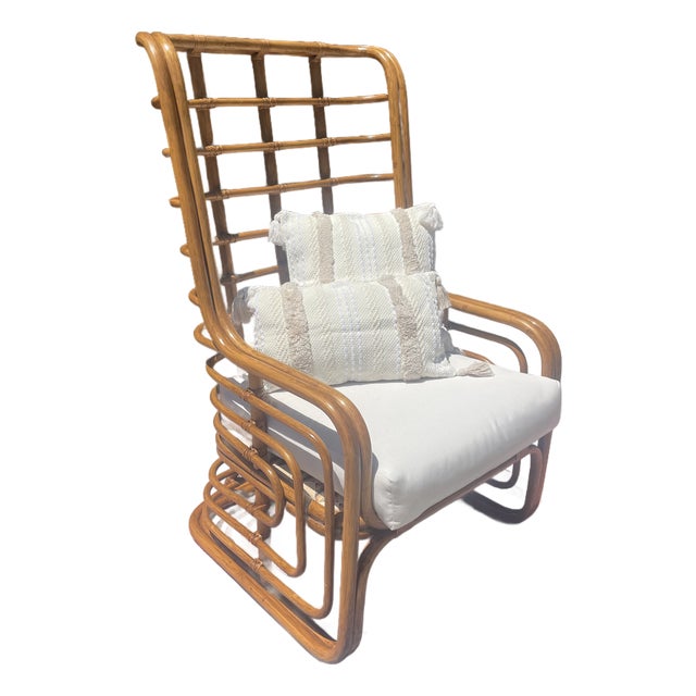 Vintage Brown Jordan Rattan Wingback Chair, With New Sunbrella Cushion For Sale