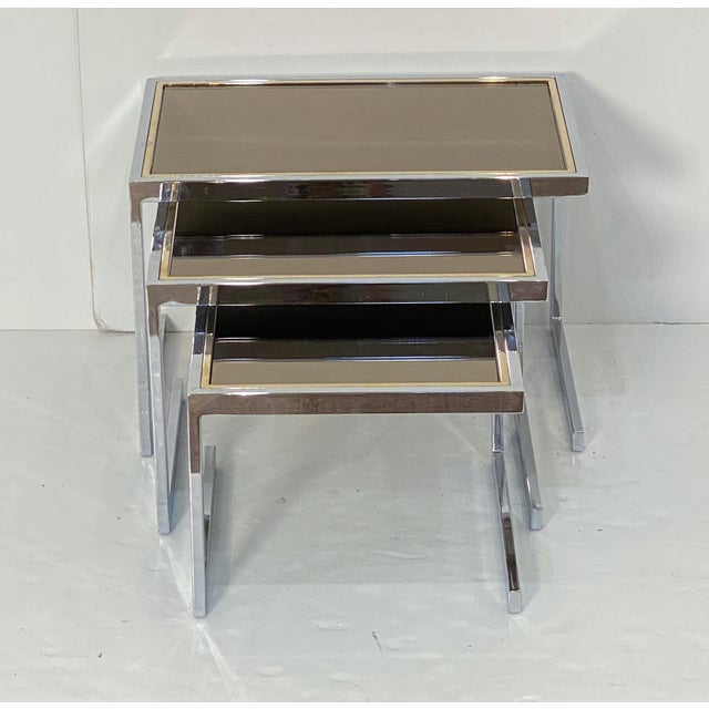 Chrome Set of Belgo Chrom Stacking or Nesting Tables of Chrome and Brass From Belgium For Sale - Image 8 of 12