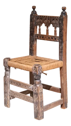 First Half of the 20th Century Spanish Rustic Hand-Carved Chair with Cattail Seat, Spain, 1890s