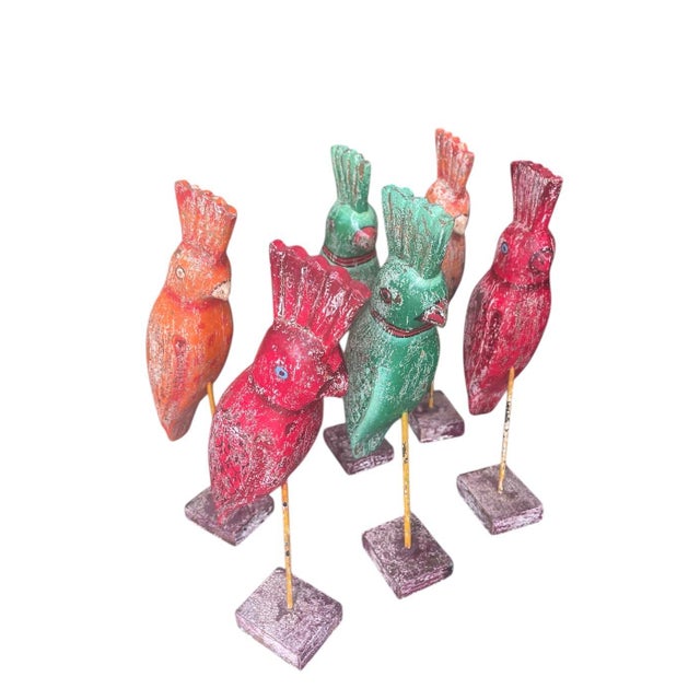 Vintage Indian Hand-Carved & Painted Wooden Parrots on Stands - Set of 6 For Sale In West Palm - Image 6 of 11