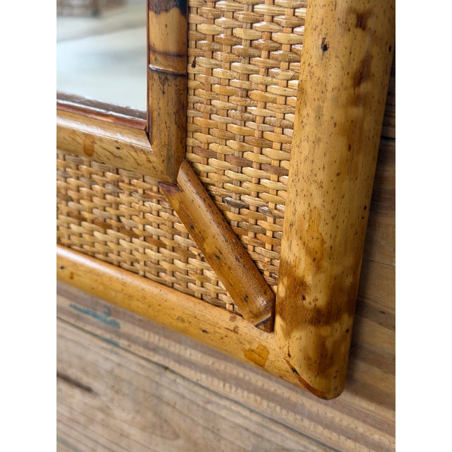 Tan Vintage Coastal Tortoise Bamboo & Woven Rattan Wall Mirror For Sale - Image 8 of 12