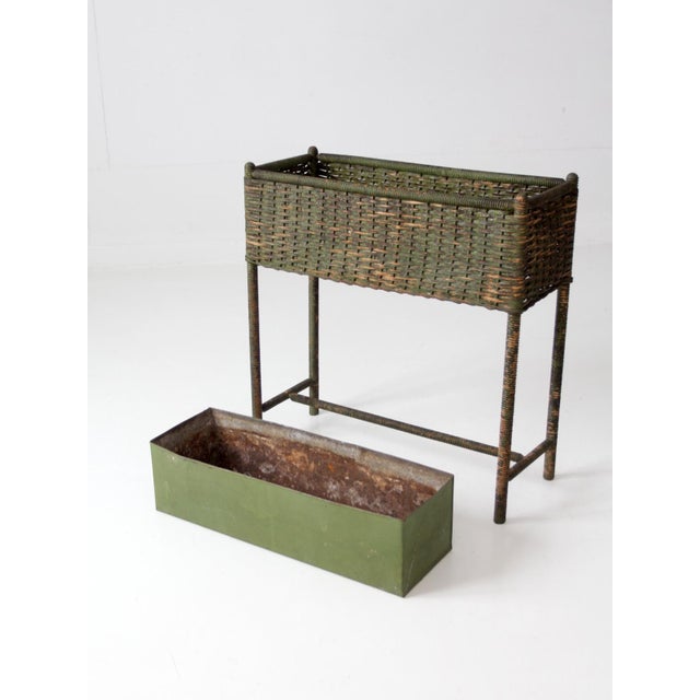 Antique Green Painted Wicker Jardinière Planter With Metal Liner For Sale - Image 11 of 17