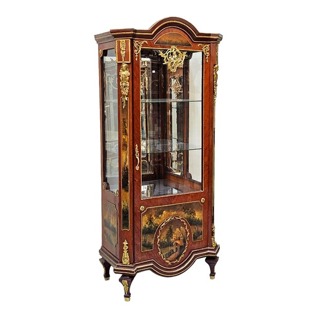 French Hand-Painted Curio Cabinet With Glass Panels, Gold Leaf Accents & Scenic Artwork For Sale