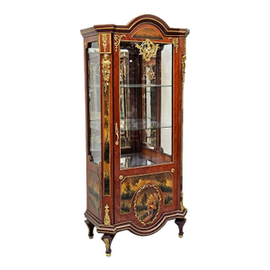 French Hand-Painted Curio Cabinet With Glass Panels, Gold Leaf Accents & Scenic Artwork