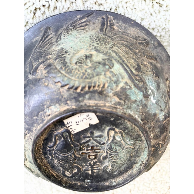 Wood Antique Chinese Pair of Apocryphal Qing Dynasty Bronze Dragon Phoenix Fish Bowls For Sale - Image 7 of 12