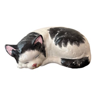 Vintage Italian Ceramic Sleeping Cat Figurine Hand Painted Black White Italy MCM For Sale