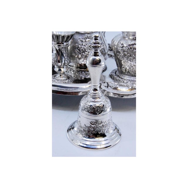 Inkwell in Relief Silver with Two Tanks and Bell, Set of 6 For Sale - Image 9 of 10