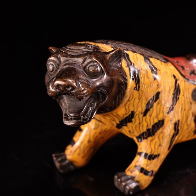 Yellow Vintage Cloisonne Enamel Tiger Figure – 12.2" Gilt Striped Beast Sculpture For Sale - Image 8 of 10