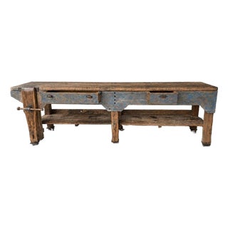 Antique 19th-Century Primitive Blue-Painted Carpenter's Workbench / Console Table For Sale