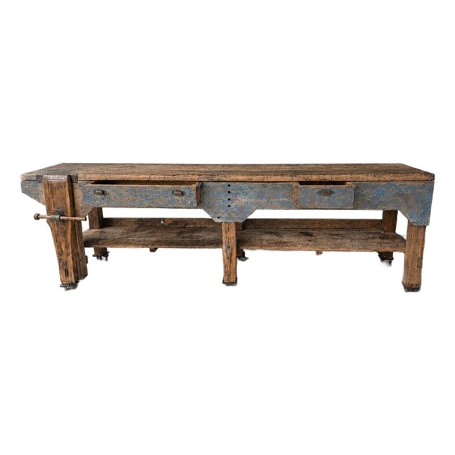 Antique 19th-Century Primitive Blue-Painted Carpenter's Workbench / Console Table For Sale