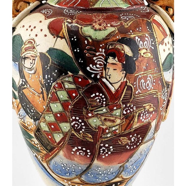 Antique Japanese Moriage Satsuma Samurai Raised Relief Floral Handled Vase For Sale - Image 4 of 8
