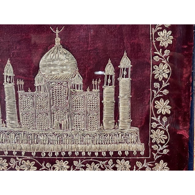 Vintage Giltwood Framed Zardozi Velvet & Gold Thread Embroidery Art Piece Depicting the Taj Mahal. For Sale - Image 9 of 9