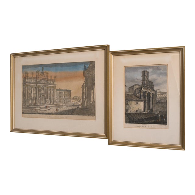 Vintage Pair of Italian Colored Engraving Etchings in Frames For Sale