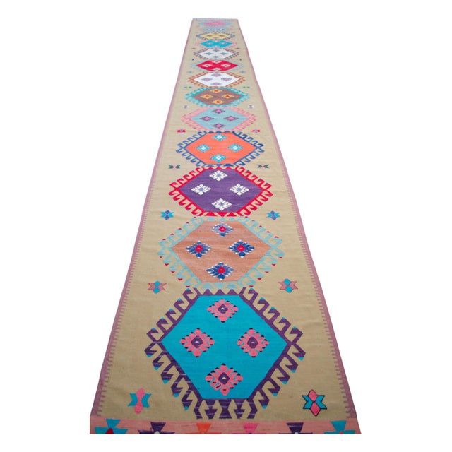 Tan Handmade Silk Flatweave Turkish Kilim Stair Runner Rug Gallery Runner - 3′1″ X 25′2″ For Sale - Image 8 of 17