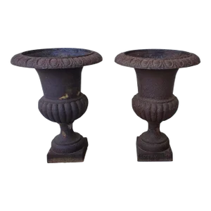 Antique Large Cast Iron Fluted Campana Urns - Set of 2