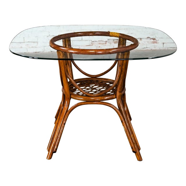Late 20th Century Coastal Island Style or Hollywood Regency Rattan Glass Top Dining or Game Table For Sale