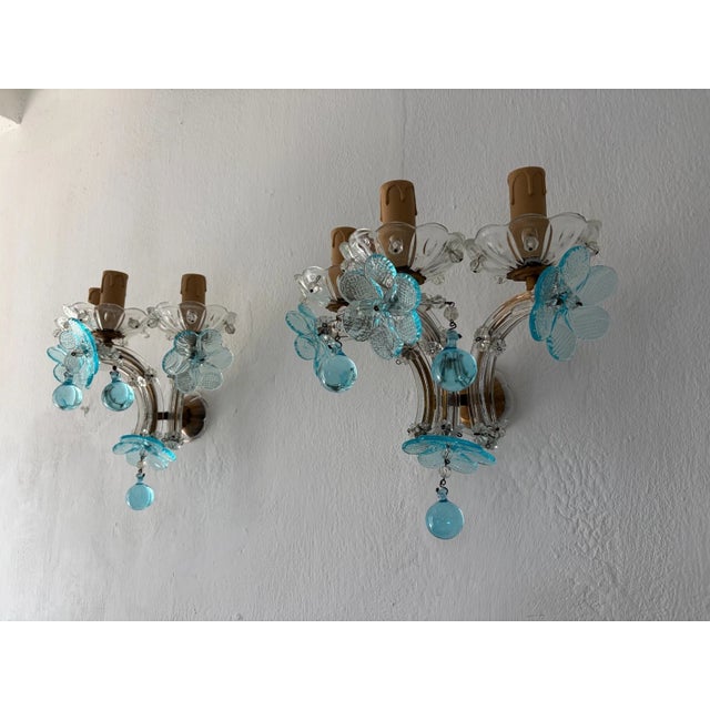 Glass C 1930 Rare Pair Aqua Blue 3 Lights Murano Flowers Crystal Sconces One of Kind For Sale - Image 7 of 12