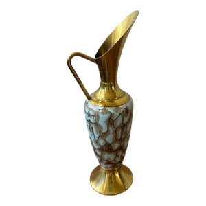 Vintage Mid-Century Modern Brass Pitcher/Vase Green Enamel