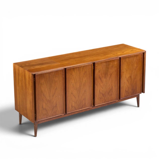Merton Gershun for American of Martinsville Mid Century Walnut and Cane Credenza and Hutch For Sale - Image 12 of 13