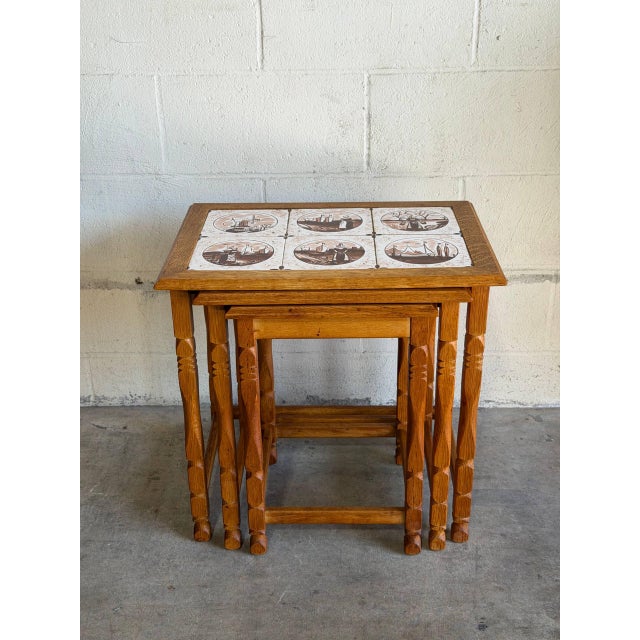 Wood Oak Nesting Tables Set of 3 Ceramic Tile Top Accent End Side Tables Vintage 1970s For Sale - Image 7 of 9