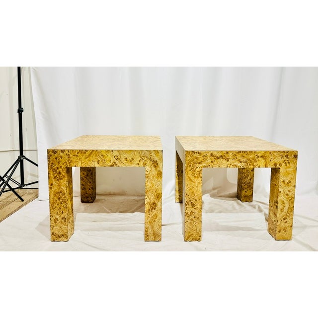 Pair Vintage Late Mid Century Era Milo Baughman Style Faux Burl Parsons Tables. Original finish and faux burl laminate...