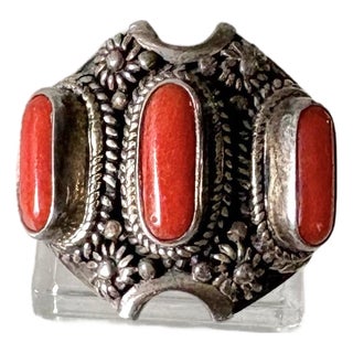 Vintage Sterling Silver and Coral Ring For Sale