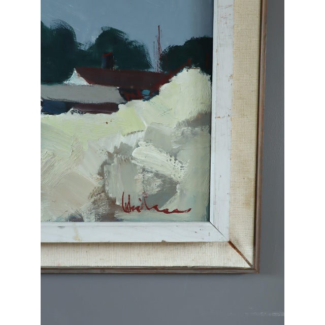 Sky Blue Mid-Century Modern 'Cliffside by the Sea' Swedish Original Coastal Landscape Oil Painting, Framed For Sale - Image 8 of 12