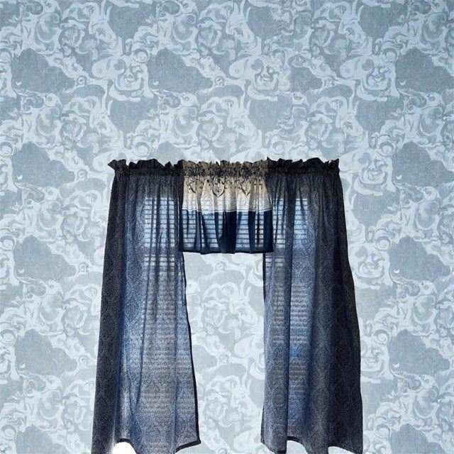 French Country Blue Oriental Cafe Curtains 45 Length Kitchen / Bathroom Set of 2 Panels & 2 Valances 16 X45 Wide For Sale - Image 3 of 10