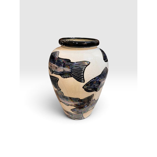 Ceramic Beth Allison Gripenstraw “Salmon” Hand-Painted Ceramic Urn Vase, Santa Cruz, 1997 For Sale - Image 7 of 11