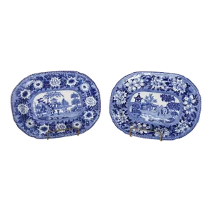 Pair of Antique English Blue and White Chinoiserie Transfer Earthenware Dishes