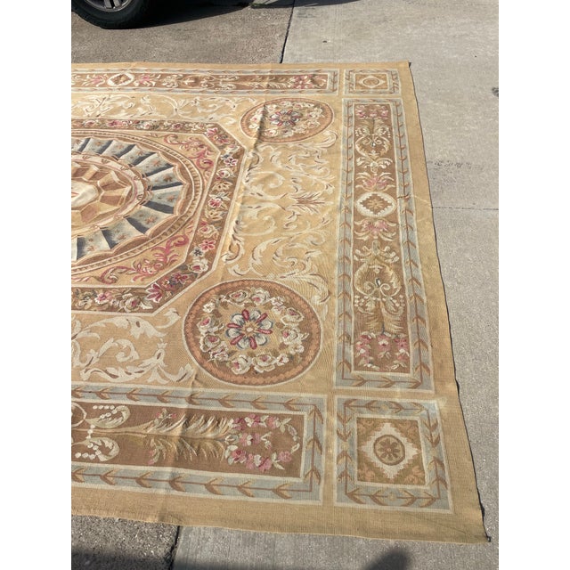 Aubusson Flatweave Rug in Gold, Beige-Brown & Blue Florals For Sale - Image 11 of 12