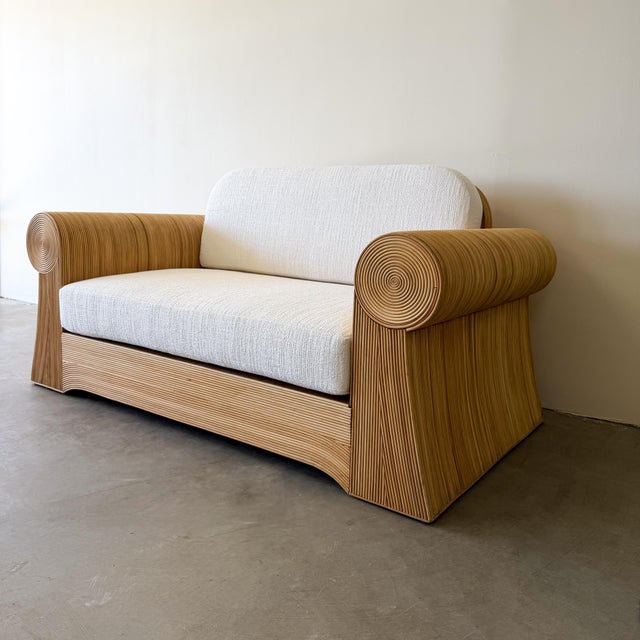 Tan Vintage 1970s Pencil Reed Loveseat, Bouclé Upholstered Bamboo Settee, Coastal Boho Rattan Sofa For Sale - Image 8 of 15